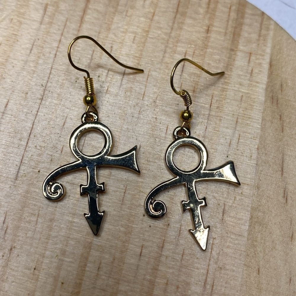 Prince Symbol Dangle Drop Earrings Love Goldtone Purple Rain Singer Pierced 1in